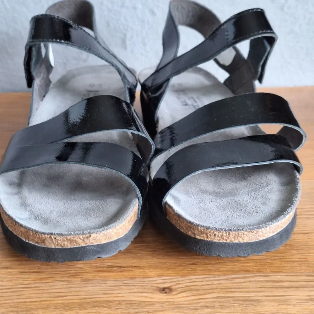 Naot Kayla Sandals Women 12 Black Patent Leather Slingback Strappy EU 43